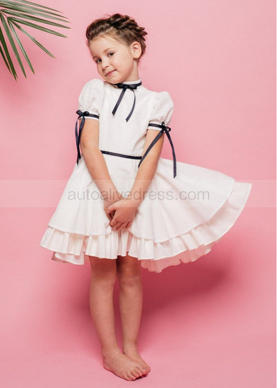 Ivory Cotton Flower Girl Dress With Navy Blue Ribbon